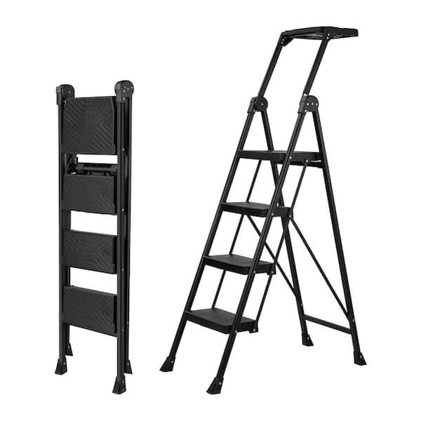 4-Step Ladder Foldable Handrail Tool Tray Stool w/ Anti-Slip Wide Pedals 660 lbs. Capacity Sturdy Steel for Home Kitchen
