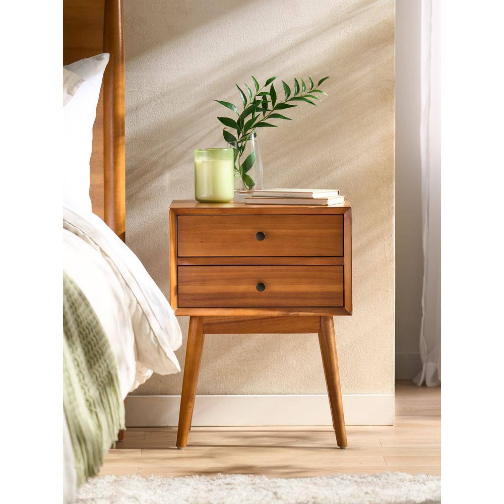Natural Brown Acacia Wood Mid-Century Nightstand with Two Drawers