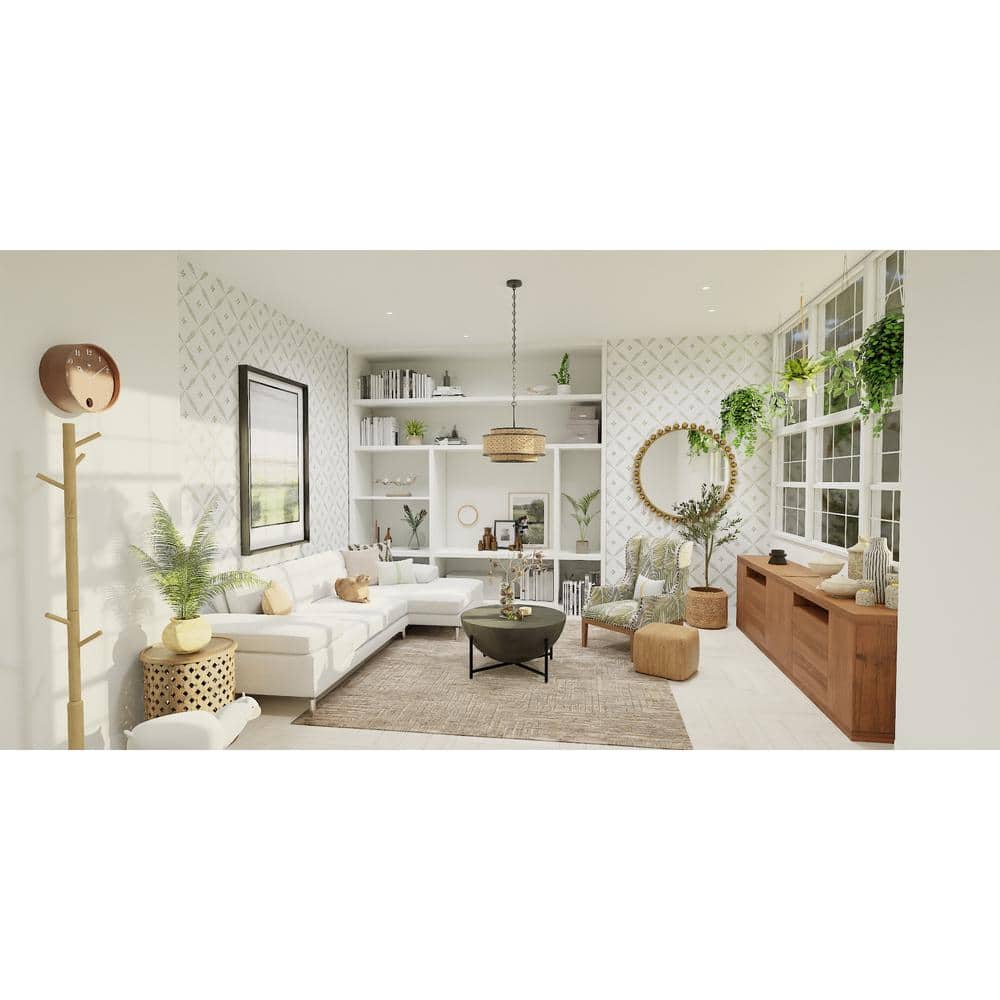 Matte Black and Natural Rope Drum Pendant Light, 5-Light