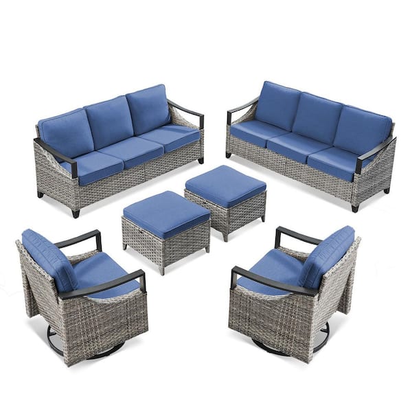 6-Piece Wicker Patio Conversation Set Outdoor Deep Seating Sofa Couch Set with Glider Rocking Chairs Blue Cushions