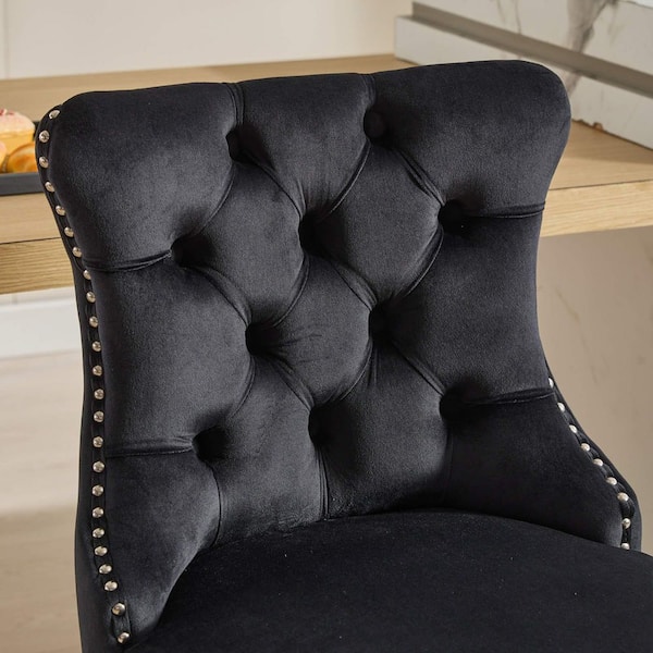 26 in. Black Velvet Counter Height Swivel Barstools with Button Back for Kitchen and Dining Room (Set of 2)