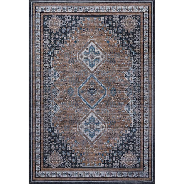 Dalyan Geometric Medallions Machine-Washable Brown/Blue/Gray 8 ft. x 10 ft. Area Rug