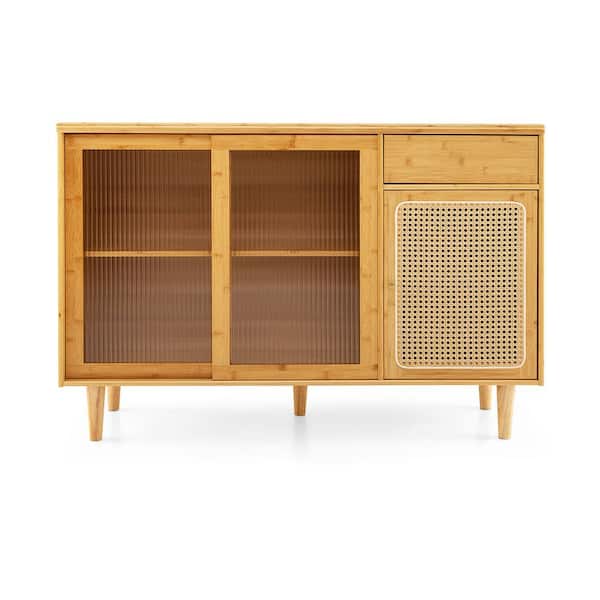 Shaker 47-in. W x 14-in. D x 33-in. H Assembled Natural Bamboo Pantry Kitchen Cabinet with Tempered Glass Sliding Doors