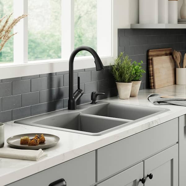 Kennon Neoroc Matte Grey Granite Composite 33 in. 1-Hole Double Bowl Drop-In Kitchen Sink