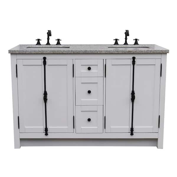 Bellaterra Home Plantation 55 in. W x 22 in. D Double Bath Vanity in White with Granite Vanity Top in Gray with White Rectangle Basins