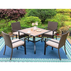 Black 5-Piece Metal Square Table Patio Outdoor Dining Set with Wood-Look Rattan Chairs with Beige Cushion