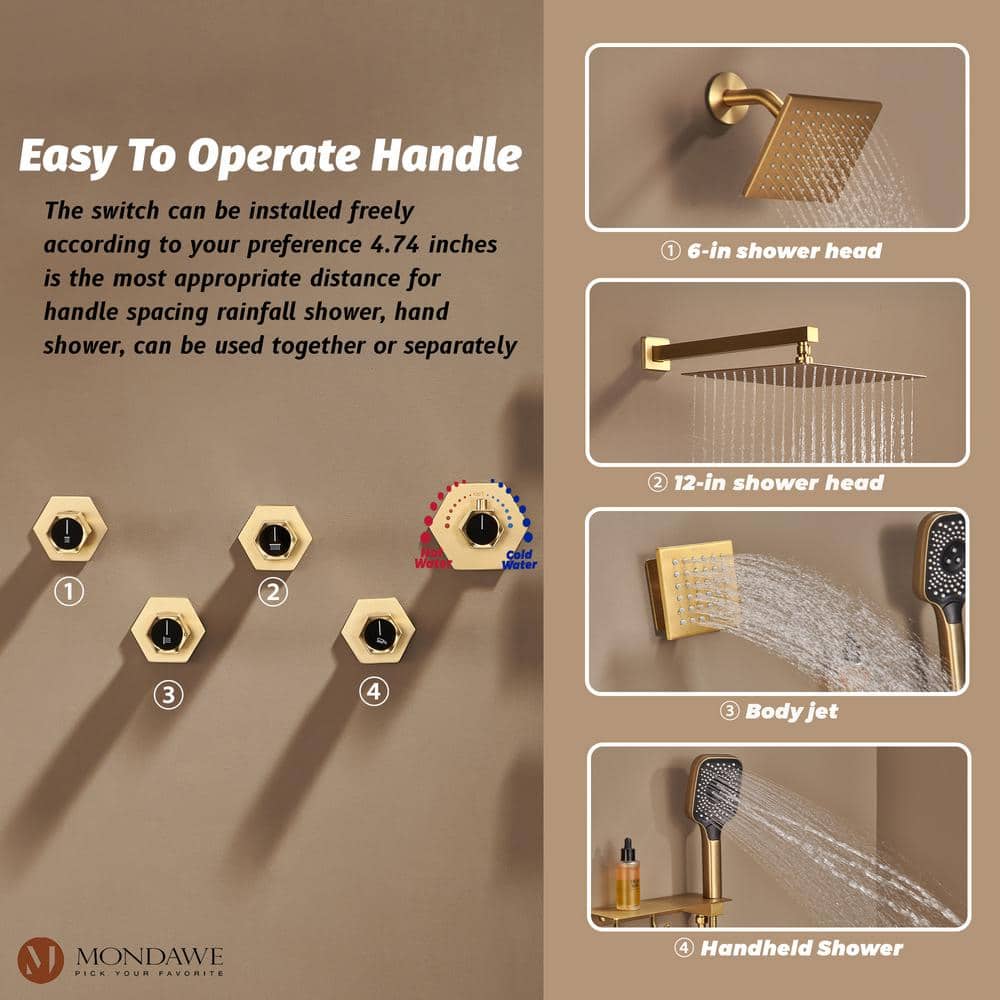 Brushed Gold Dual Square Wall Mounted Shower System