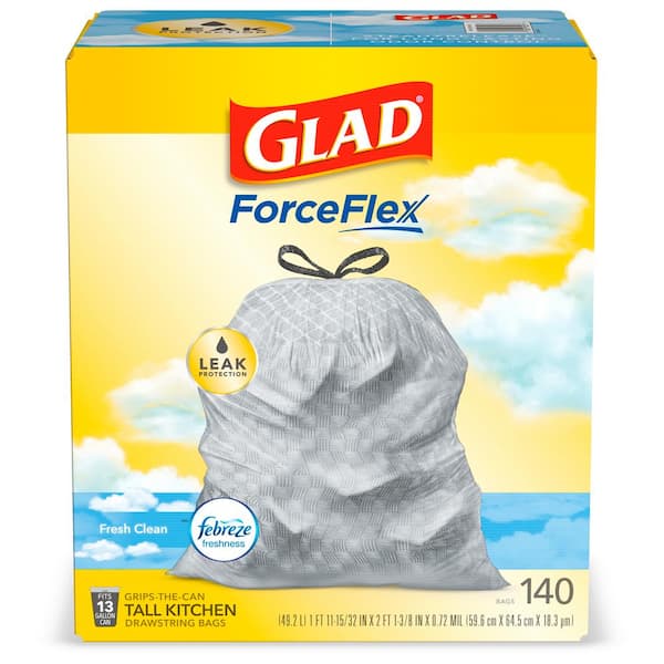 Glad ForceFlex 13 Gal. Tall Kitchen Drawstring Fresh Clean Scent with Febreze Freshness Trash Bags (140-Count)