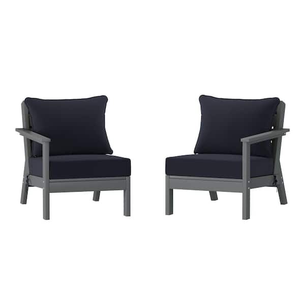 WESTIN OUTDOOR Birchwood Gray Arrangeable Outdoor Patio 2-Piece Deep Seating HDPE Loveseat Arm Chair Set with Navy Blue Cushions