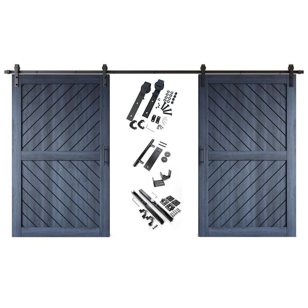 XT3 48 in. x 80 in. C-Panel Navy Slanted Stripe Design Double Pine Wood Sliding Barn Door with Hardware Kit