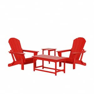 Laguna 4-Piece Fade Resistant Outdoor Patio HDPE Poly Plastic Folding Adirondack Chairs and Tables Set in Red