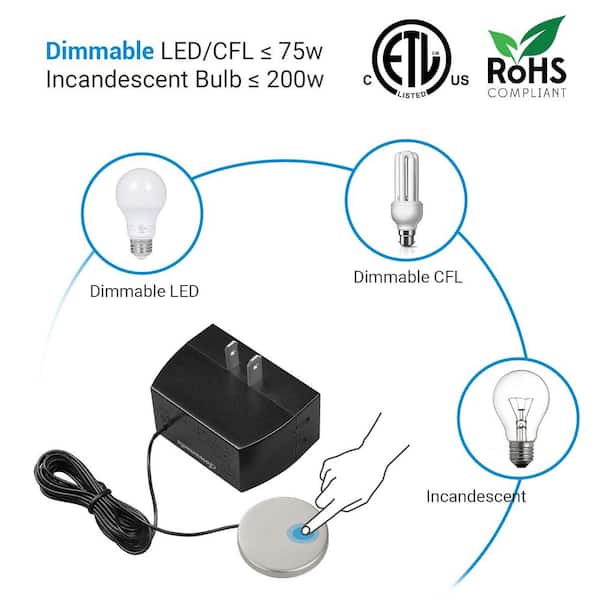Black 8 ft. Extension Cord Touch Dimmer Switch, Touch Pad Control with 3-Levels of Dimming (1-Pack)