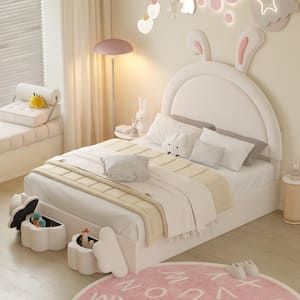 White Wood Frame Full Size Velvet Platform Bed with Cartoon Ears and 2 Storage Stools