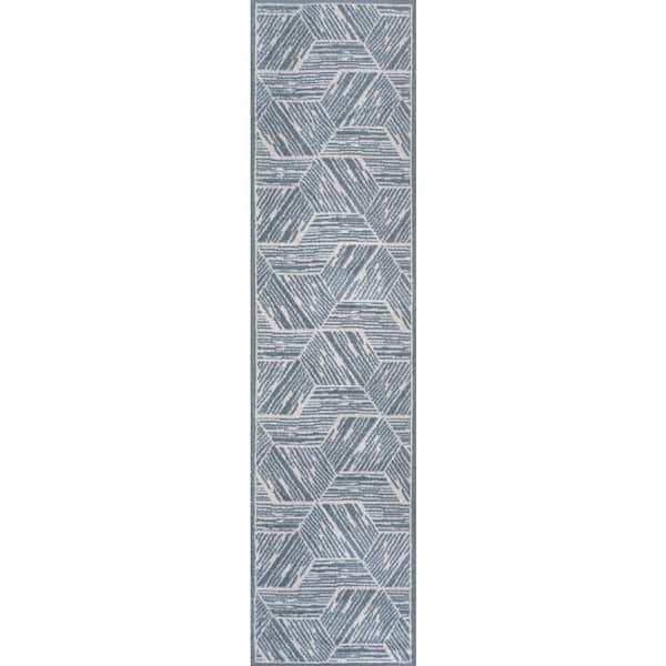 Blue/Cream 2 ft. x 8 ft. Vector Modern Coastal Geometric Machine-Washable Runner Rug