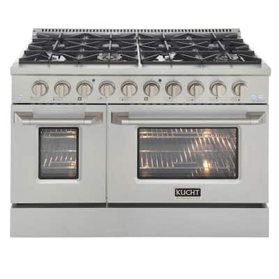 Pro-Style 48 in. 6.7 cu. ft. Double Oven Natural Gas Range with 8 Burners in Stainless Steel and Silver oven Doors