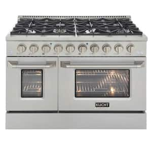 Pro-Style 48 in. 6.7 cu. ft. Double Oven Natural Gas Range with 8 Burners in Stainless Steel and Silver Oven Doors