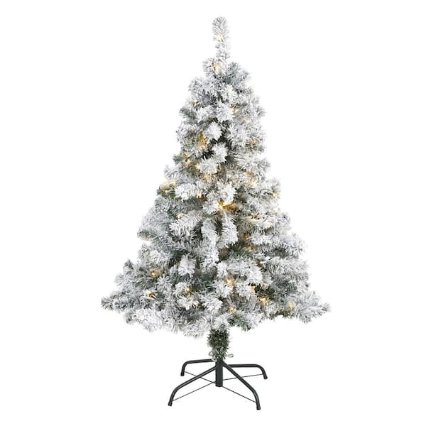 Nearly Natural 4 ft. Pre-lit Flocked Rock Springs Spruce Artificial Christmas Tree with 100 Clear LED Lights