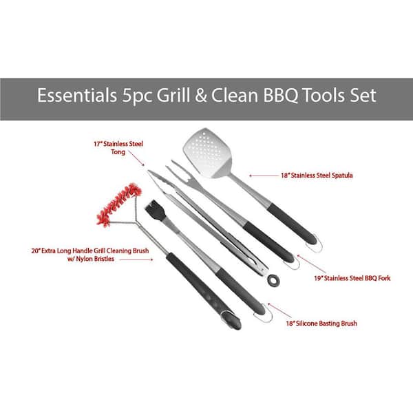 Pitmaster King BBQ Grill and Clean 5-Piece Essentials Tools Set with Spatula, Tong, Basting Brush, BBQ Fork and Grill Brush