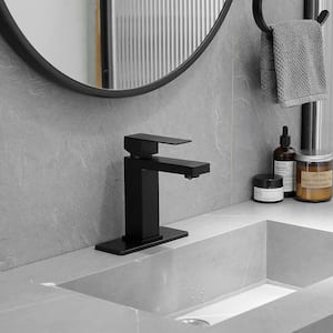 Single Handle Single Hole Bathroom Faucet with Deckplate and Drain Included, Waterfall Bathroom Faucet in Matte Black