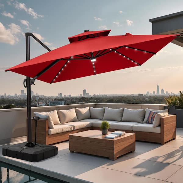 Double Top 11.5 ft. x 9 ft. Rectangular Aluminum Solar LED Tiltable Cantilever Patio Umbrella in Red with 350 lbs. Base