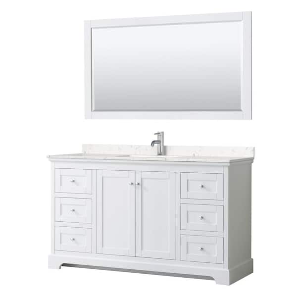 Wyndham Collection Avery 60 in. W x 22 in. D Single Vanity in White with Cultured Marble Vanity Top in Light-Vein Carrara with Basin&Mirror