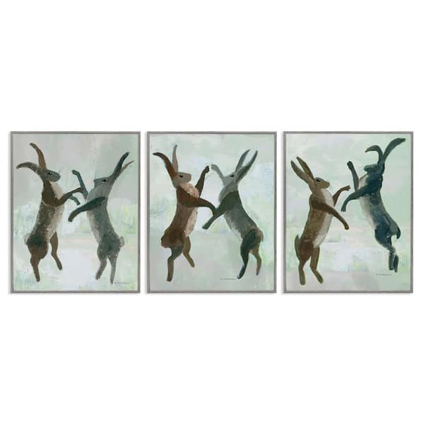 Battling Hares in Neutral Tones by Kay Widdowson 3 Piece Gray Framed Animal Giclee Art Print 30 in. x 24 in.