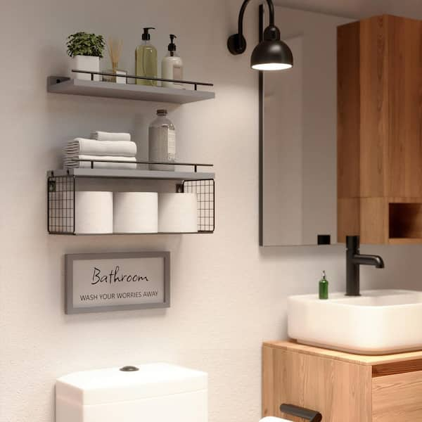 Wall Mounted Whitewashed Wood Bathroom Floating Shelf, 2-Tier Wall