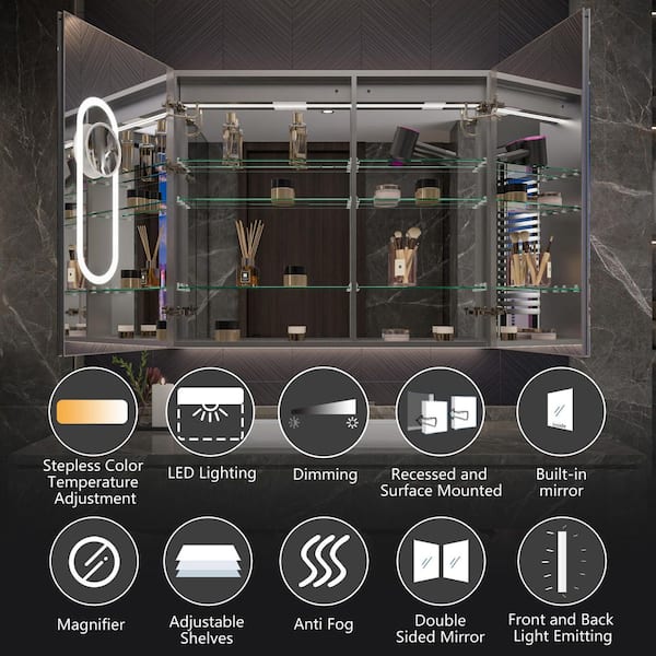 42 in. W x 36 in. H Rectangular Aluminum Recessed/Surface Mount LED Lighted Medicine Cabinet with Mirror, Defogger & USB
