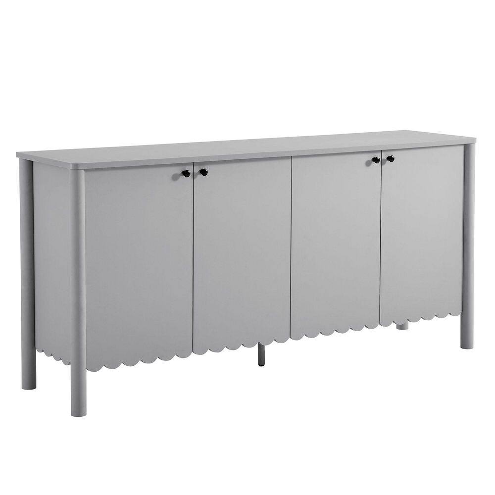 Emmeline 4-Door Scalloped Sideboard in Light Gray – 66 Inch Modern Buffet Cabinet with Adjustable Shelves