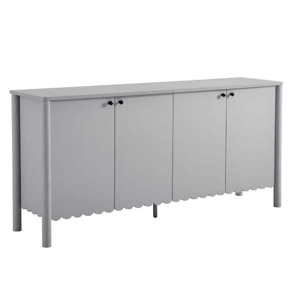Emmeline 4-Door Scalloped Sideboard in Light Gray – 66 Inch Modern Buffet Cabinet with Adjustable Shelves
