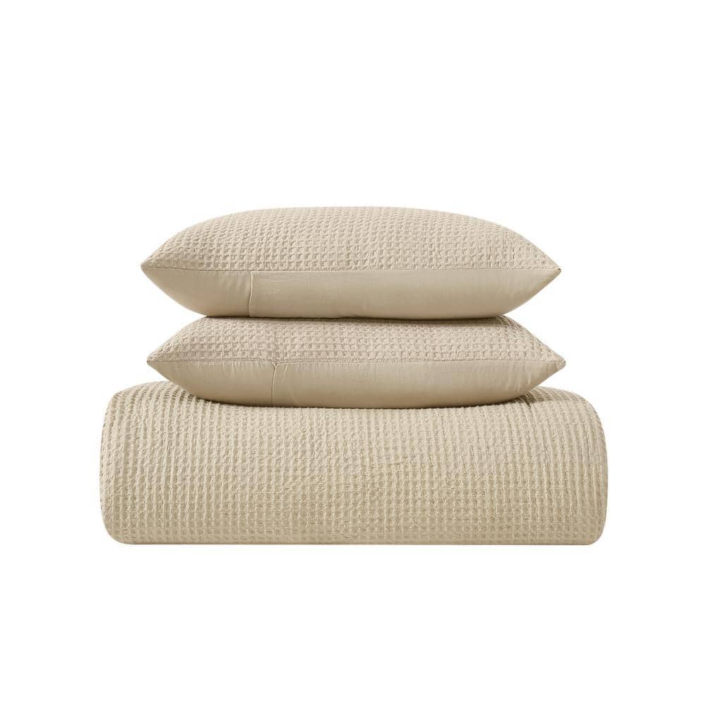 Beige Twin XL Organic Microfiber Waffle Weave Comforter Set