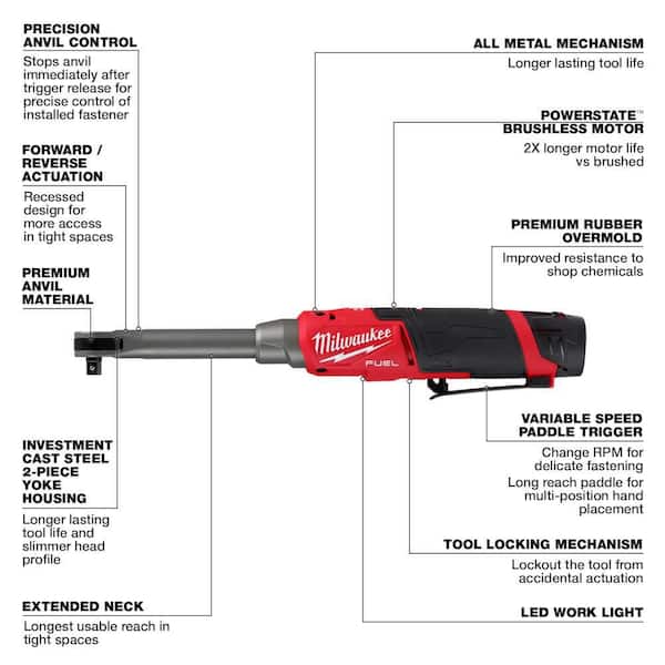 Milwaukee - M12 FUEL 12V Lithium-Ion Brushless 3/8 in. Extended Reach High Speed Cordless Ratchet Kit & M12 Right Spot Blower