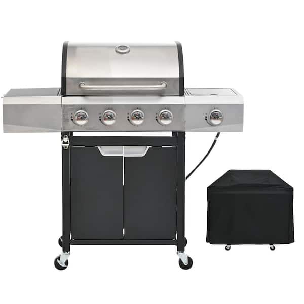 4-Burner Propane Gas Grill in Stainless Steel with Side Burner and Cover