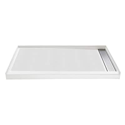 60 in. L x 36 in. W Alcove Cultured Marble Shower Pan Base in White with Right Drain and Stainless Steel Trench Grate