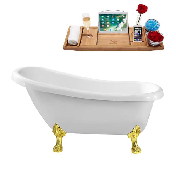 Streamline 61 in. Acrylic Clawfoot Non-Whirlpool Bathtub in Glossy White With Polished Gold Clawfeet And Polished Gold Drain