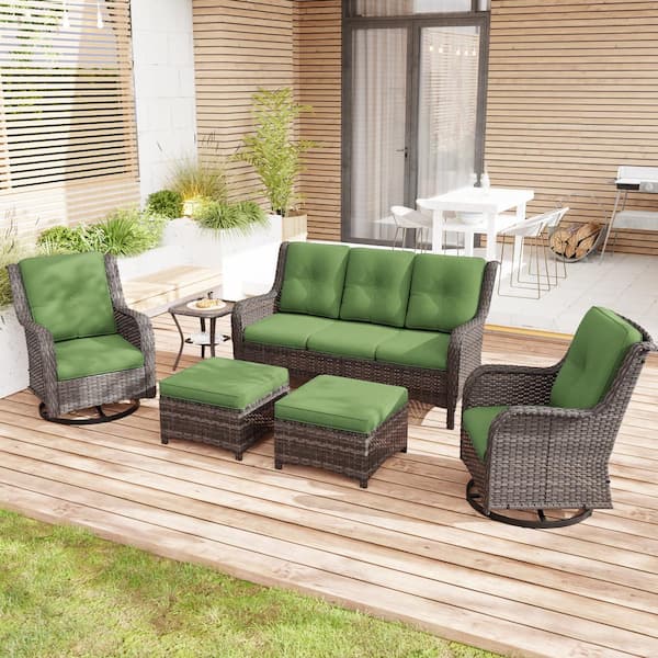 Gardenbee 6-Piece Wicker Outdoor Patio Conversation Set Sectional Sofa with Swivel Rocking Chair, Ottomans and Green Cushions