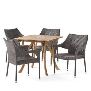 Jaxen 5-Piece Wood and Faux Rattan Square Outdoor Dining Set with Stacking Chairs