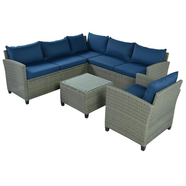 FORCLOVER Gray 5-Piece Wicker Patio Conversation Set with Blue Cushions and Coffee Table