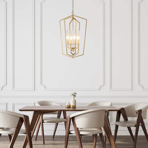 4-Light Gold Modern Cage Chandelier, Seeded Glass Island Pendant Light, DIY Linear Dining Room Pendant Hanging Light