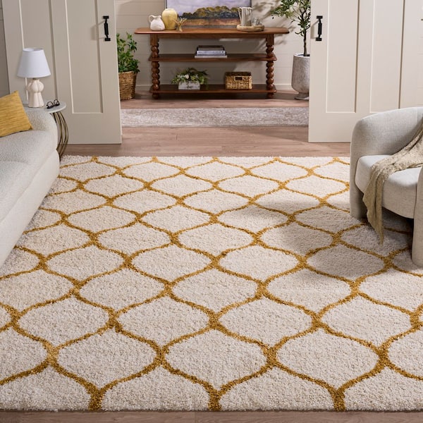 Hudson Shag 8 ft. x 10 ft. Ivory/Gold Geometric Trellis Area Rug