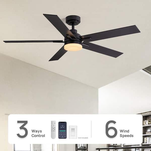 52 in. Modern Smart Indoor Black Ceiling Fan with Dimmable LED Light and APP Remote Control