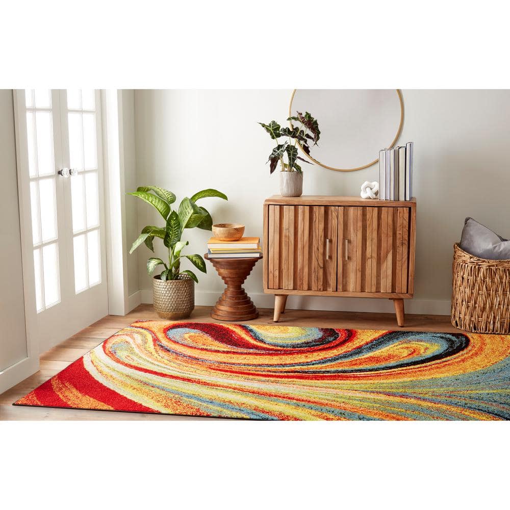 Red and Multicolor Abstract Swirl Polypropylene Area Rug