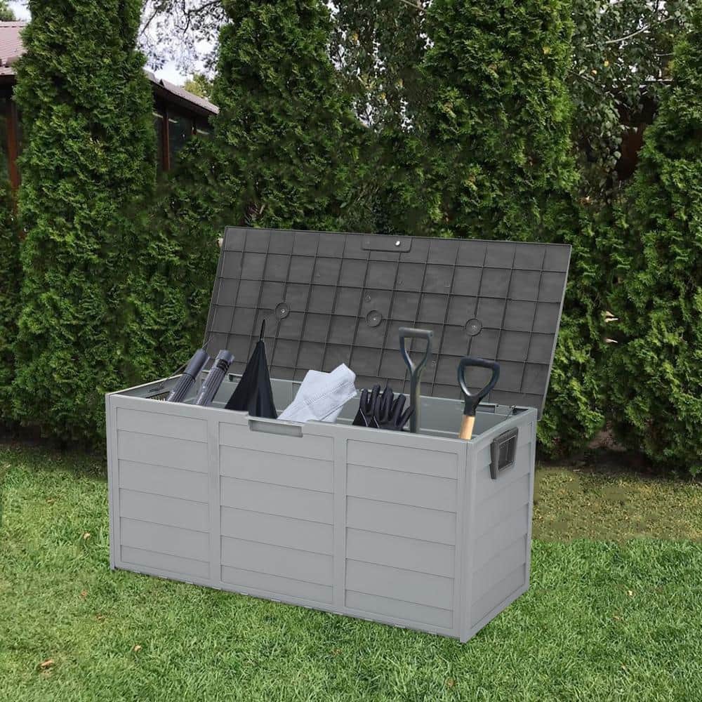 75 Gallon Gray Plastic Lockable Deck Box with Wheels