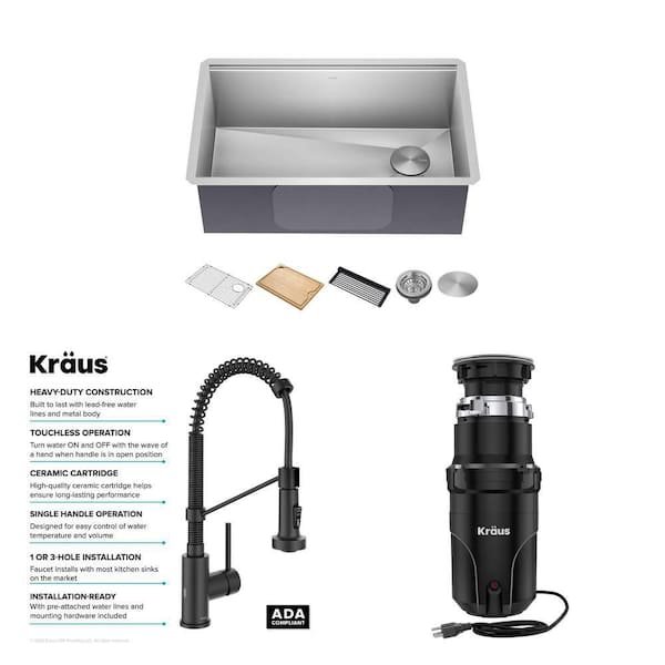 Kore 30 in. Sink, Bolden Touchless Faucet, and WasteGuard 1/2 HP Disposal Combo