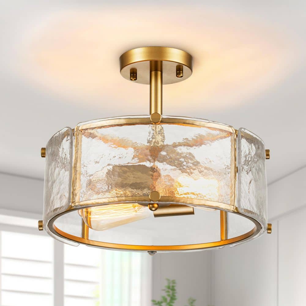 Modern 2-Light 12.8 in. Gold Semi Flush Mount Ceiling Light with Water Ripple Glass Shades for Bedroom, Kitchen price history on PriceWatchPro