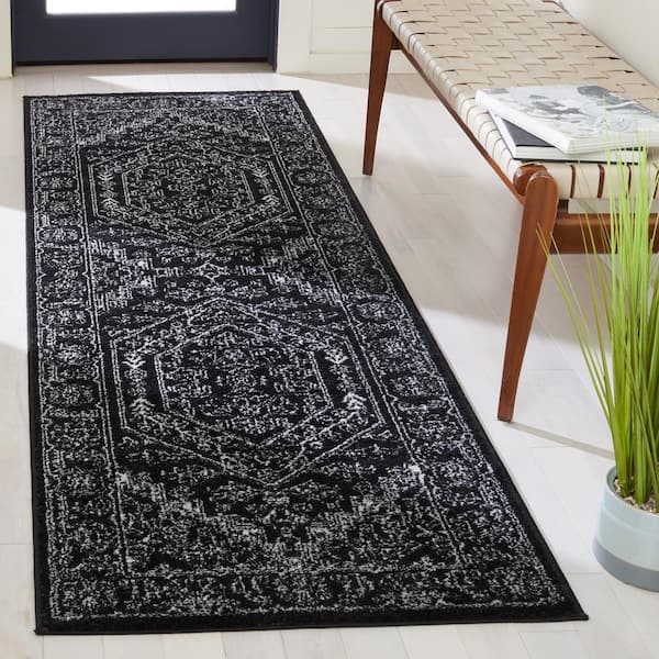 Adirondack Black/Ivory 3 ft. x 12 ft. Border Medallion Runner Rug
