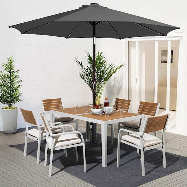 JEAREY 9 ft. Market Solar LED Lighted Tilt Patio Umbrella Outdoor Steel Umbrella in Gray