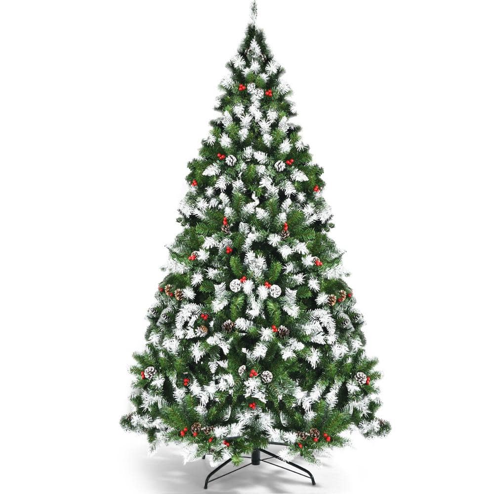 Angeles Home 6 ft. Green Pre-Lit Snow Flocked Artificial Christmas Tree with Red Berries and LED Lights