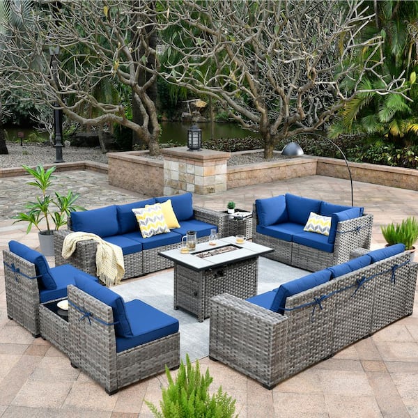 OVIOS Bissty Gray 13-Piece Wicker Wide Arm Patio Fire Pit Conversation Set with Navy Blue Cushions