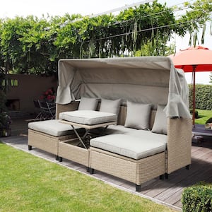 4-Piece Wicker Outdoor Sectional Set with Retractable Canopy Lift Table and Brown Cushions